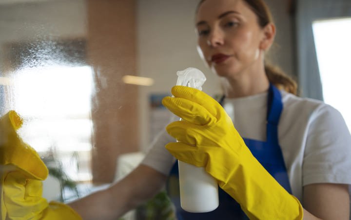 Mulher limpando vidro com saneante na mão representando registro de saneante e os seus tipos